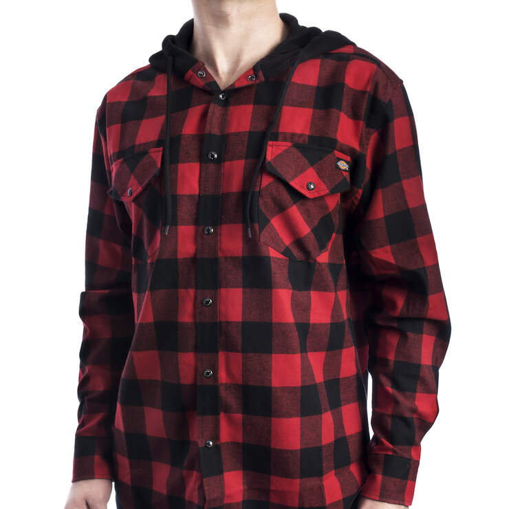 Men's Flannel Long Sleeve Woven Shirt with Hood - Black/English Red (BKER) image number 1