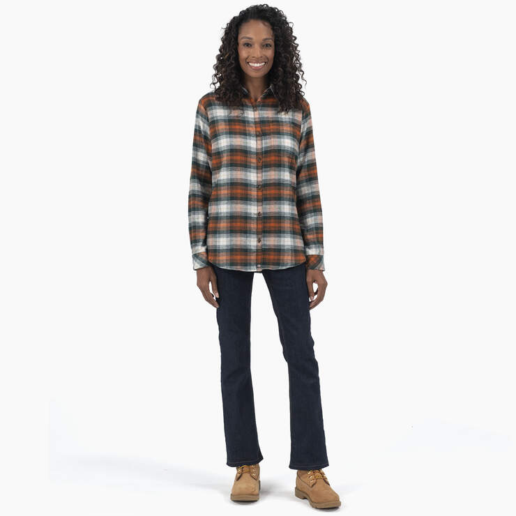 Women's Plaid Flannel Long Sleeve Shirt - Forest/Copper Ombre Plaid (C1T) image number 4