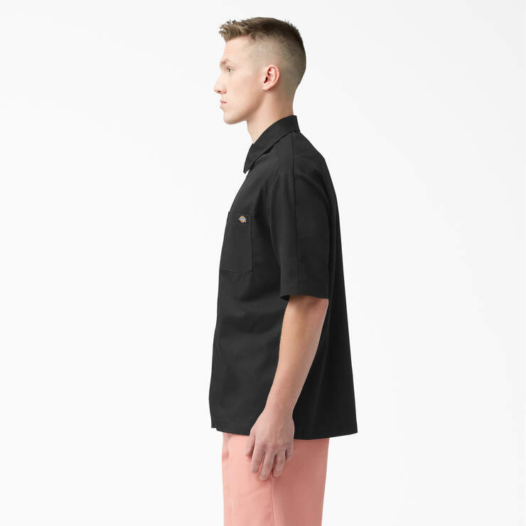 Mixed Media Zip Front Short Sleeve Work Shirt - Black (BKX) image number 3