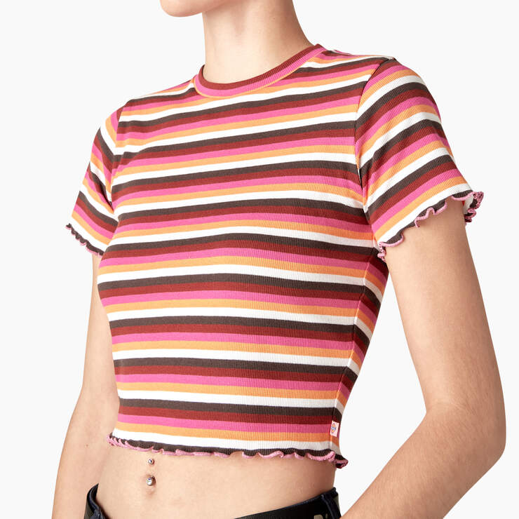Women's Striped Cropped Baby T-Shirt - Pink/White Explorer Stripe (WST) image number 4