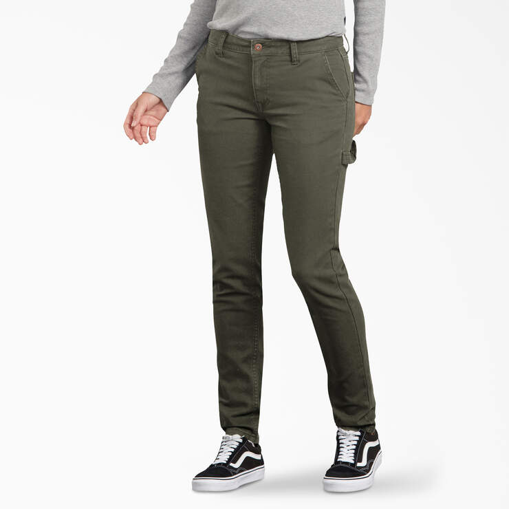 Women's FLEX Slim Fit Duck Carpenter Pants - Rinsed Moss Green (RMS) image number 1