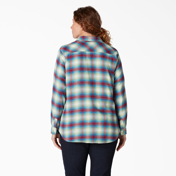 Women&#39;s Plus Long Sleeve Plaid Flannel Shirt - Ombre Red Blue &#40;EP2&#41;