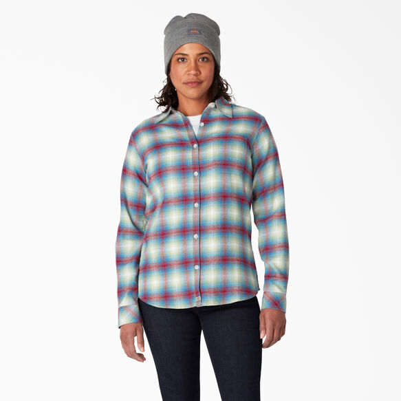 Women&#39;s Long Sleeve Plaid Shirt - Ombre Red Blue &#40;EP2&#41;