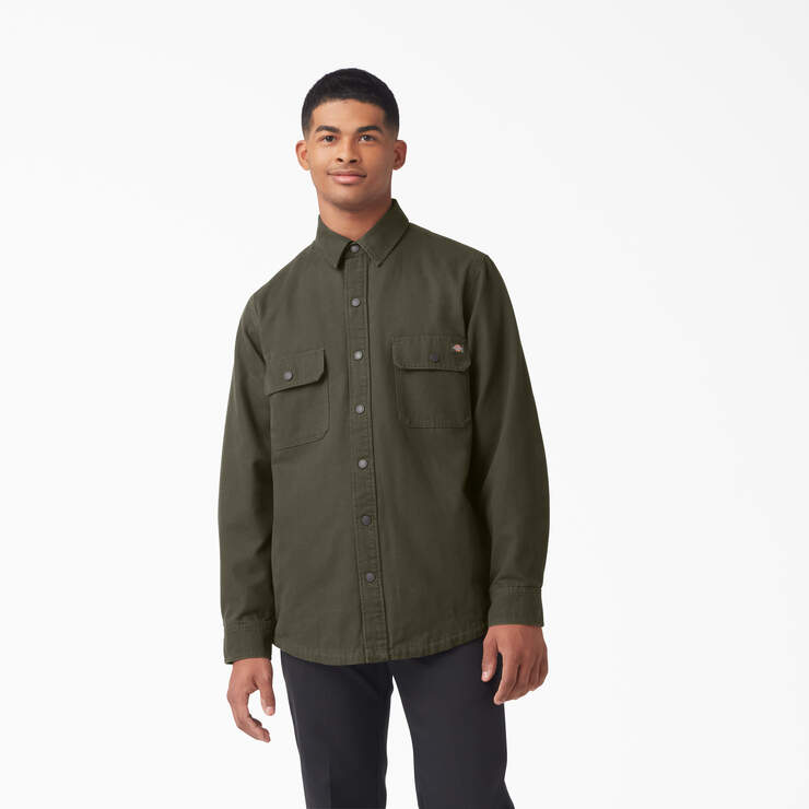 Long Sleeve Flannel-Lined Duck Shirt - Military Green (ML) image number 1