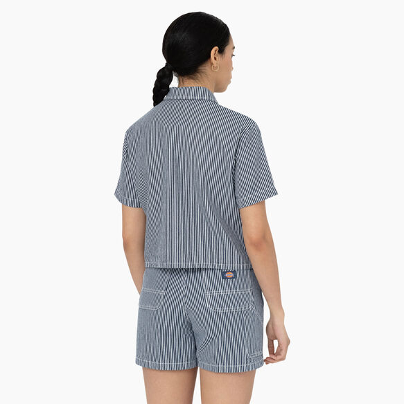 Haut de travail court &agrave; rayures hickory pour femmes - Ecru/Airforce Blue &#40;EUA&#41;