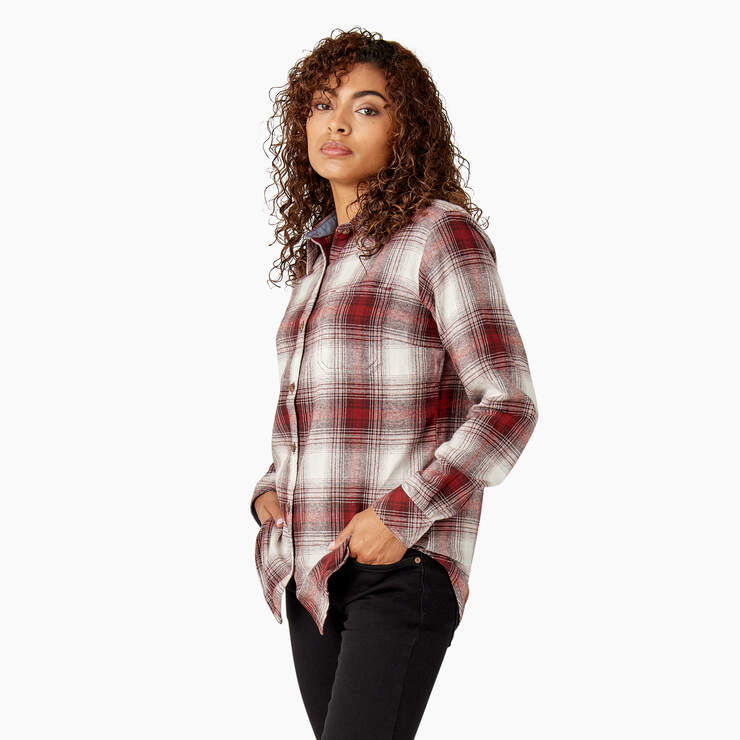 Women's Plaid Flannel Long Sleeve Shirt - Fired Brick Ombre Plaid (C1X) image number 3