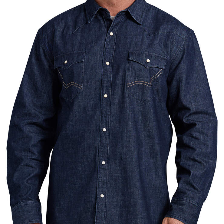 Relaxed Fit Icon Long Sleeve Denim Western Shirt - Rinsed Indigo Blue (RNB) image number 1