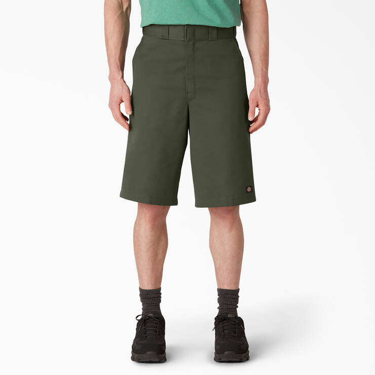 Loose Fit Flat Front Work Shorts, 13" - Olive Green (OG) image number 1