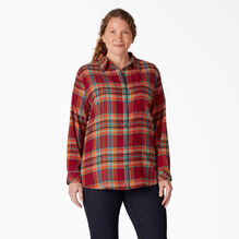 Women&#39;s Plus Long Sleeve Plaid Flannel Shirt - Scarf Orange Red Plaid &#40;P2C&#41;