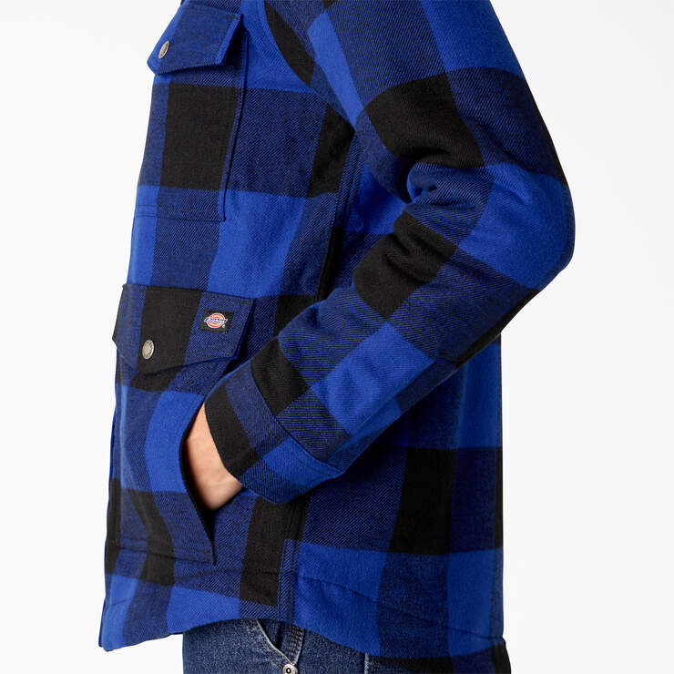 Women's Flannel High Pile Fleece Lined Chore Coat - Surf Blue/Black Buffalo Plaid (B1U) image number 6