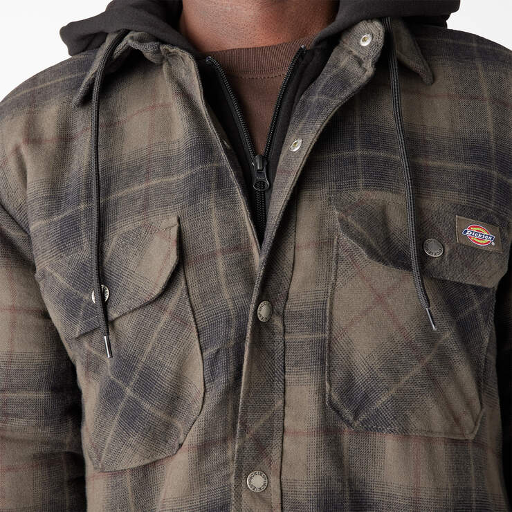 Water Repellent Flannel Hooded Shirt Jacket - Moss/Chocolate Ombre Plaid (B2K) image number 7