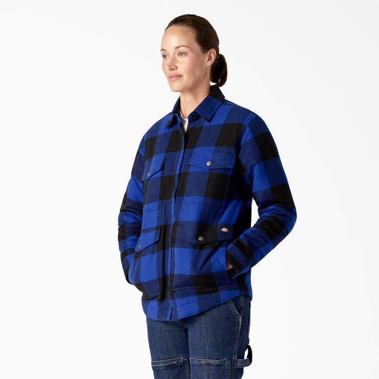 Women's Flannel High Pile Fleece Lined Chore Coat - Surf Blue/Black Buffalo Plaid (B1U) image number 3