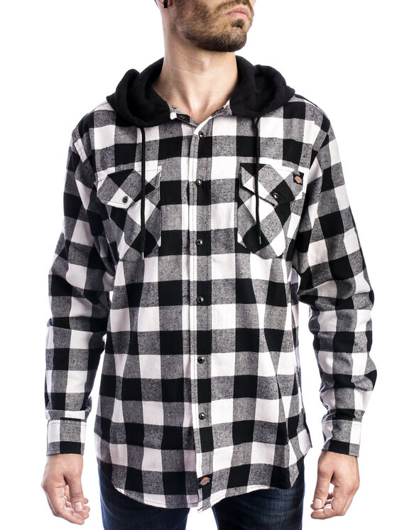 Men's Flannel Long Sleeve Woven Shirt with Hood - BLACK/WHITE (BKWH)