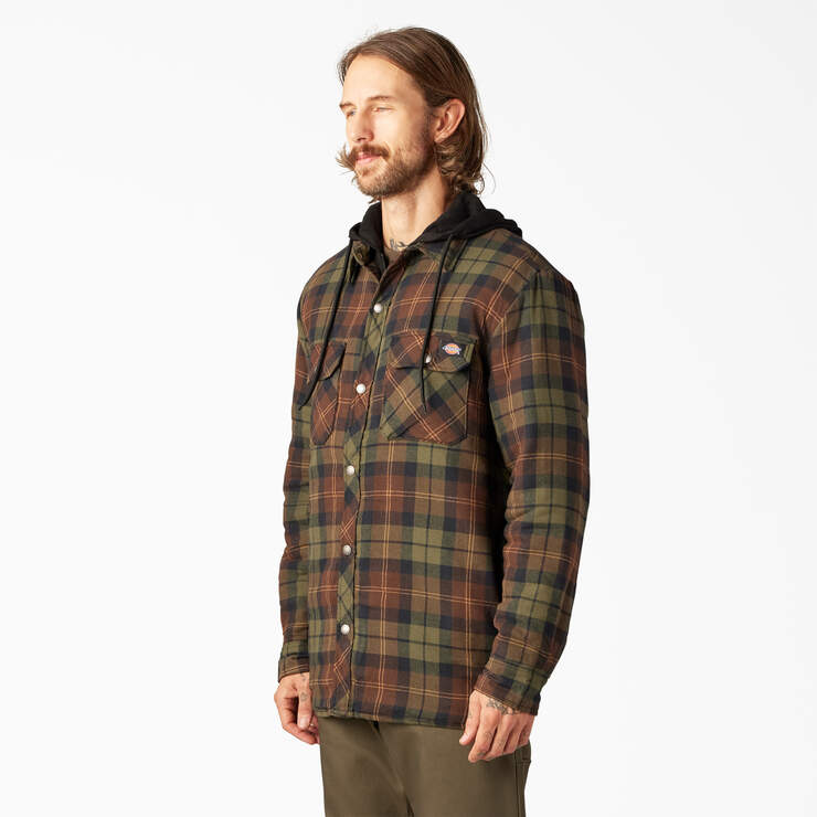 Flannel Hooded Shirt Jacket - Chocolate Tactical Green Plaid (POC) image number 3