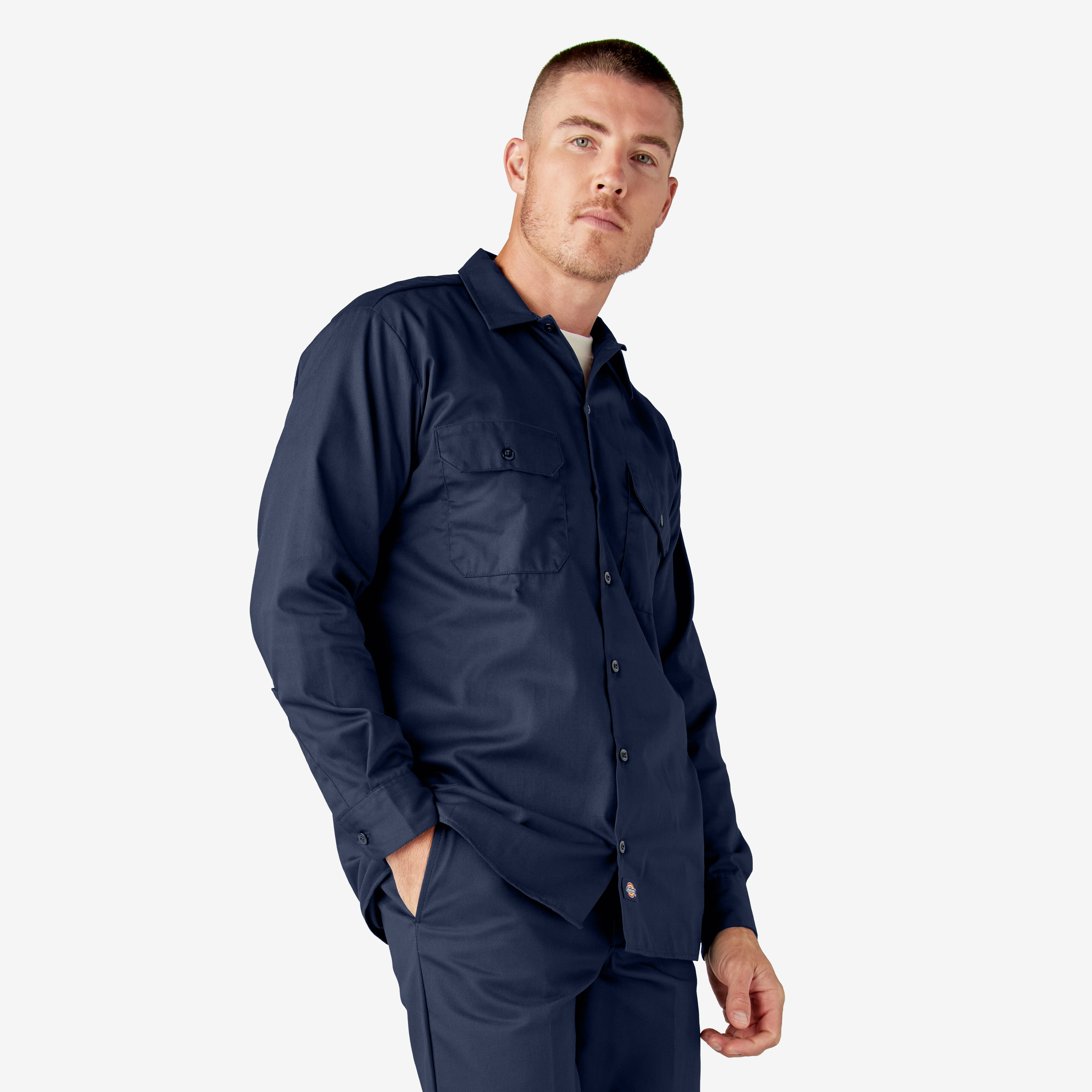 Navy blue long hotsell sleeve button up shirt