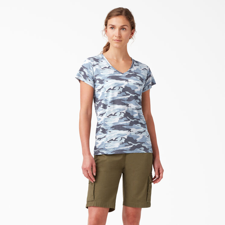 Women&#39;s Short Sleeve V-Neck T-Shirt - Flint Blue Camo &#40;F2C&#41;