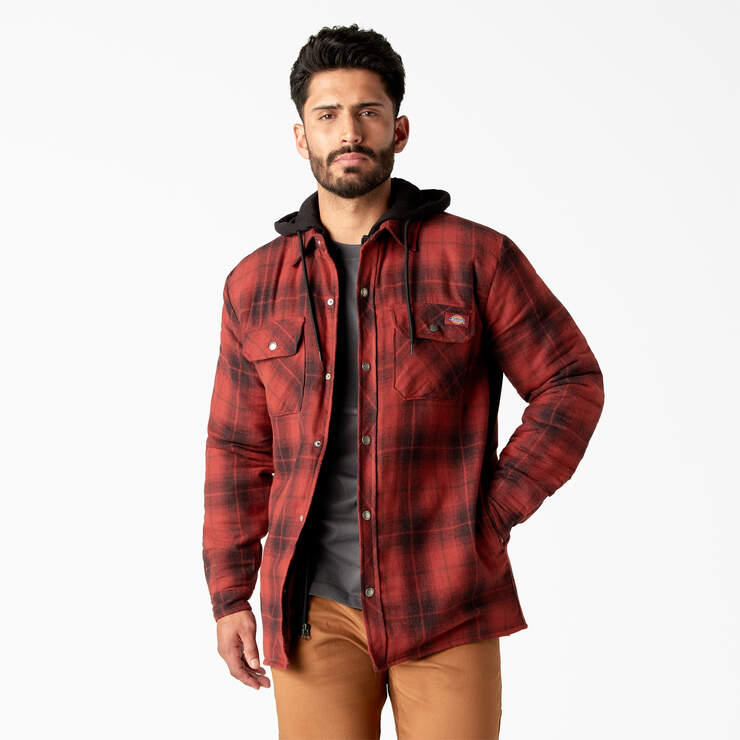 Water Repellent Flannel Hooded Shirt Jacket - Brick/Black Ombre Plaid (B2W) image number 1