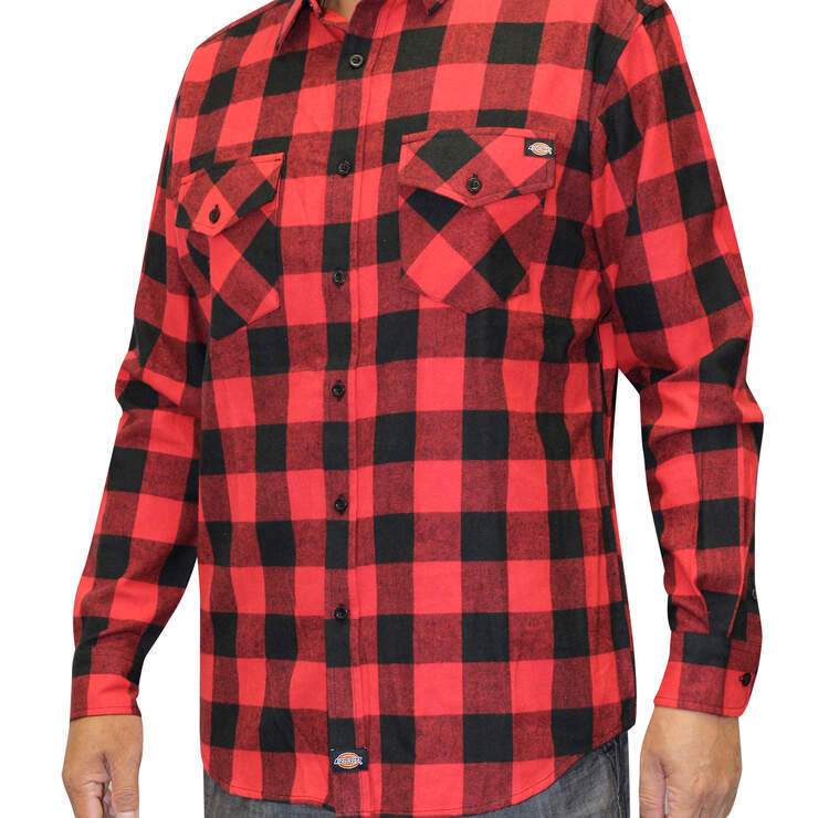 Men's Flannel Long Sleeve Woven Plaid Shirt - Black/English Red (BKER) image number 1