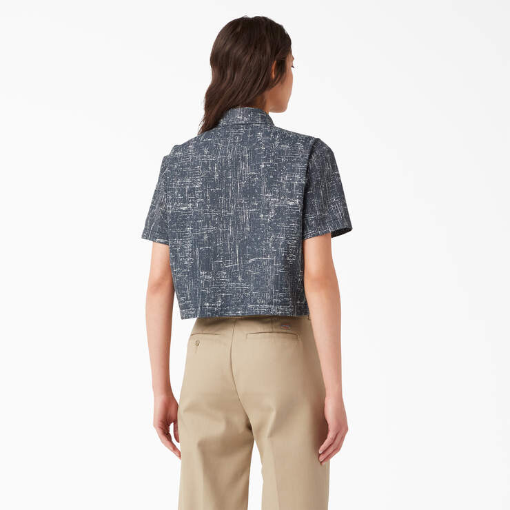 Women's Embroidered Patch Cropped Work Shirt - Rinsed Navy Crosshatch (R2A) image number 2
