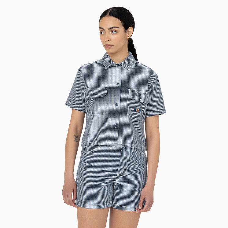 Haut de travail court &agrave; rayures hickory pour femmes - Ecru/Airforce Blue &#40;EUA&#41;