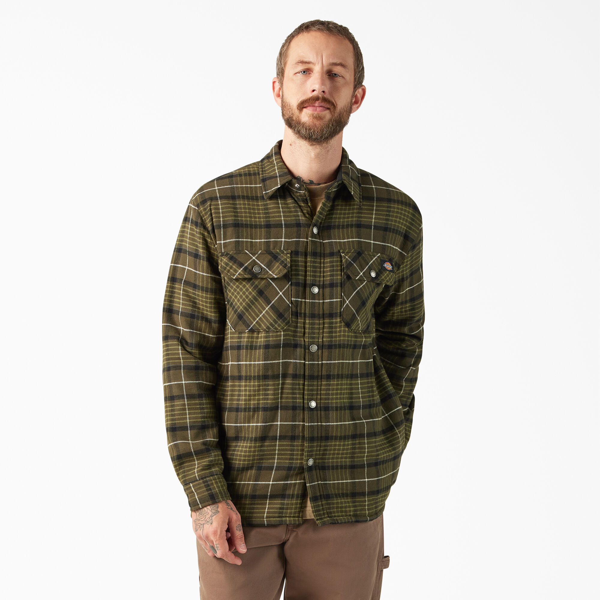 Dickies Men s Water Repellent Fleece Lined Flannel Shirt Jacket Tactical Green Size S TJ210