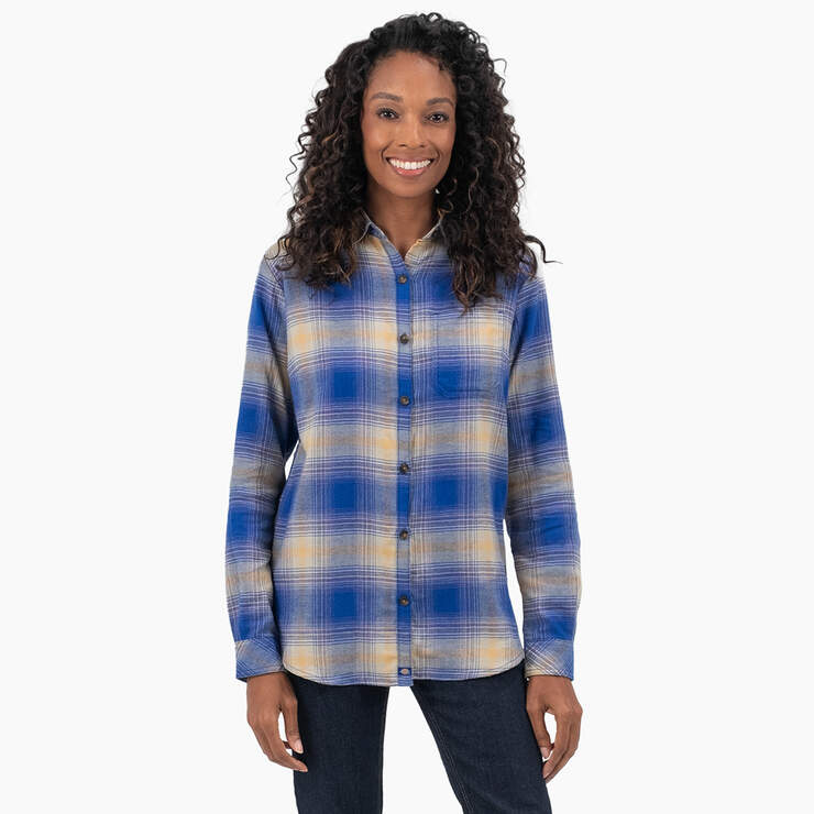 Women's Plaid Flannel Long Sleeve Shirt - Surf Blue/Fireside Ombre Plaid (C1J) image number 1