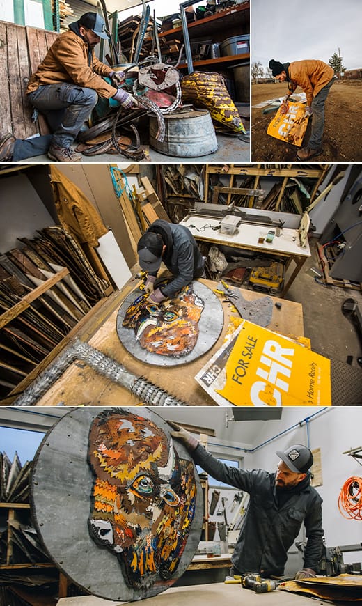 Dolan gathers vibrant signs and materials to incorporate into his artwork.