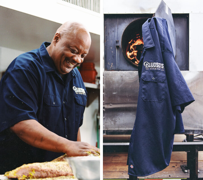 Two images, Kevin putting spice on meat while smiling on left. On right, a work shirt of Bludso's uniform hanging from a pit opening.
