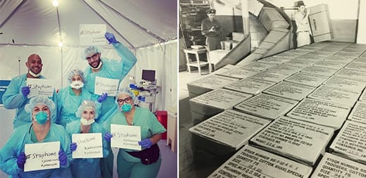 collage of multiple images, first is a group of medical employees holding signs that say Stay Home. The second is a World War two era photo of Dickies product made to support the war.