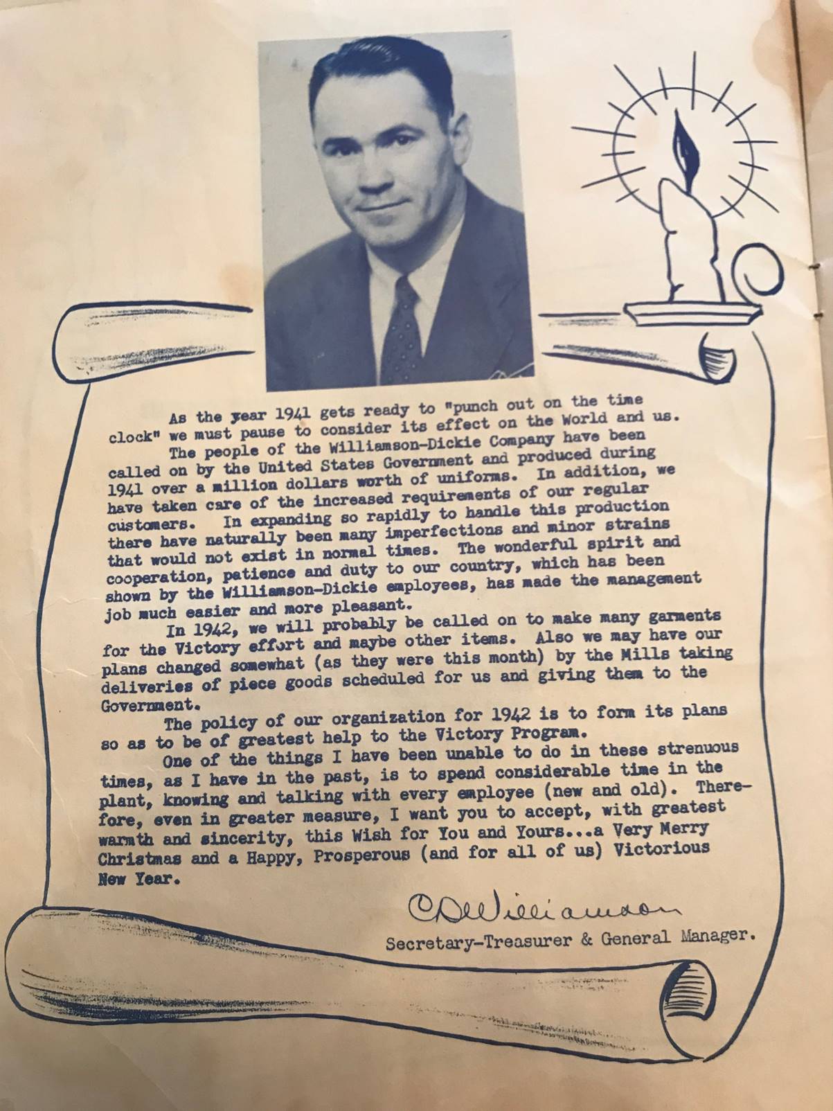 a letter from Dickies General Manager at the end of 1941