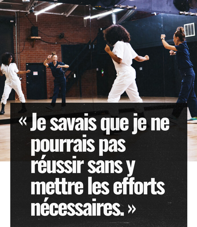 A quote saying 'I knew nothing great would come without putting in the work' with Kona and her mom dancing in a studio.