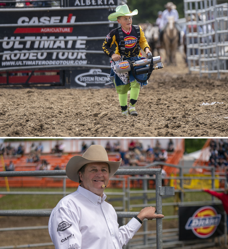 En haut : un jeune cowboy au RAM Rodeo.