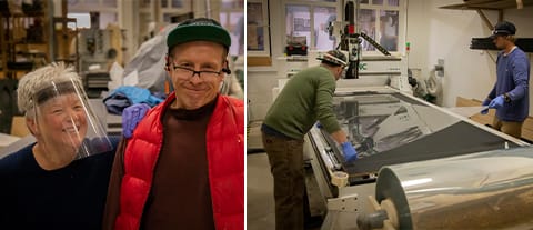 collage of multiple images of a ski shop making plastic face shields, one image for the owners side by side