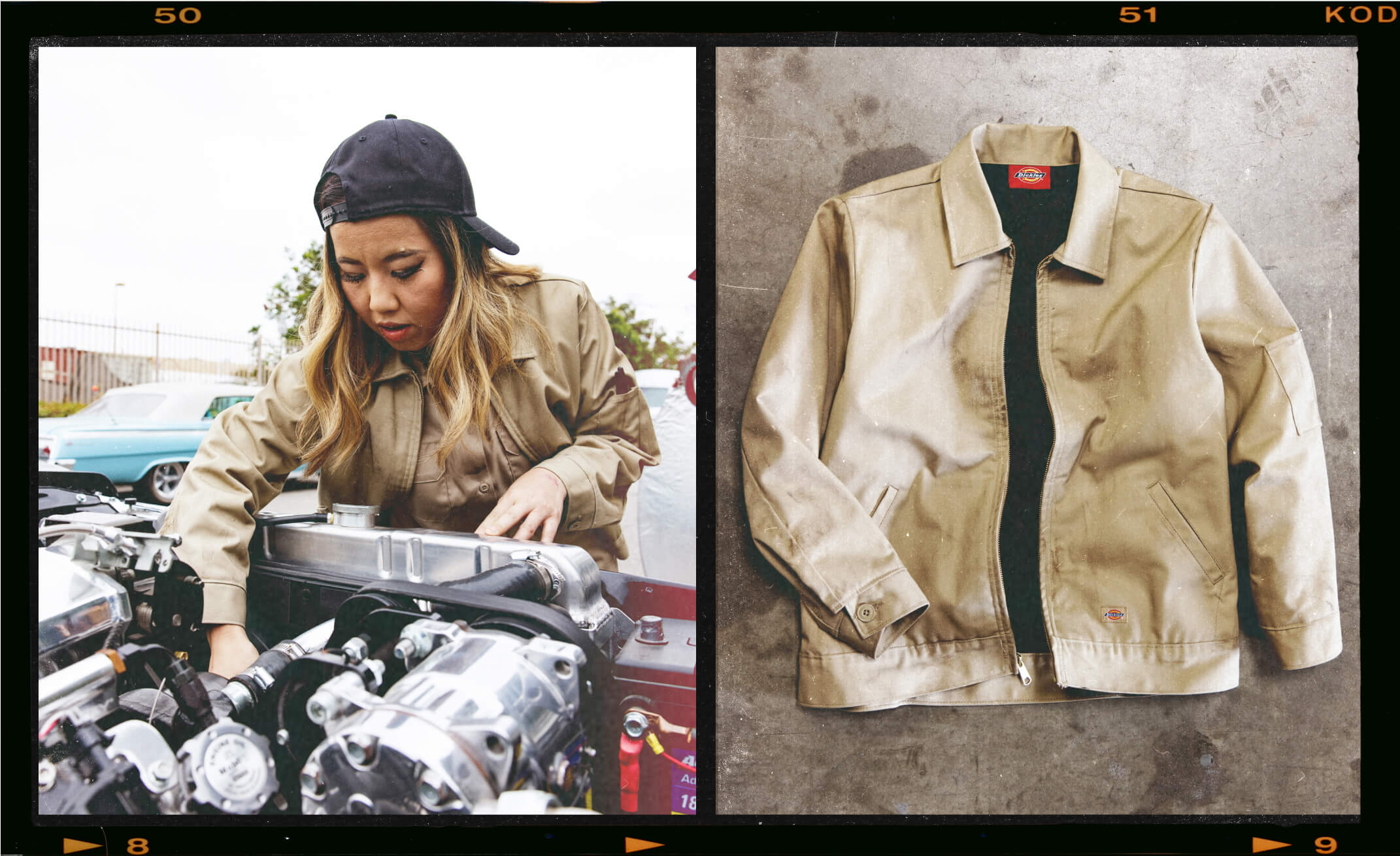 Two images vertically split in the middle, Kay working on a car engine on the left. On the right, a laydown view of an eisenhower jacket.