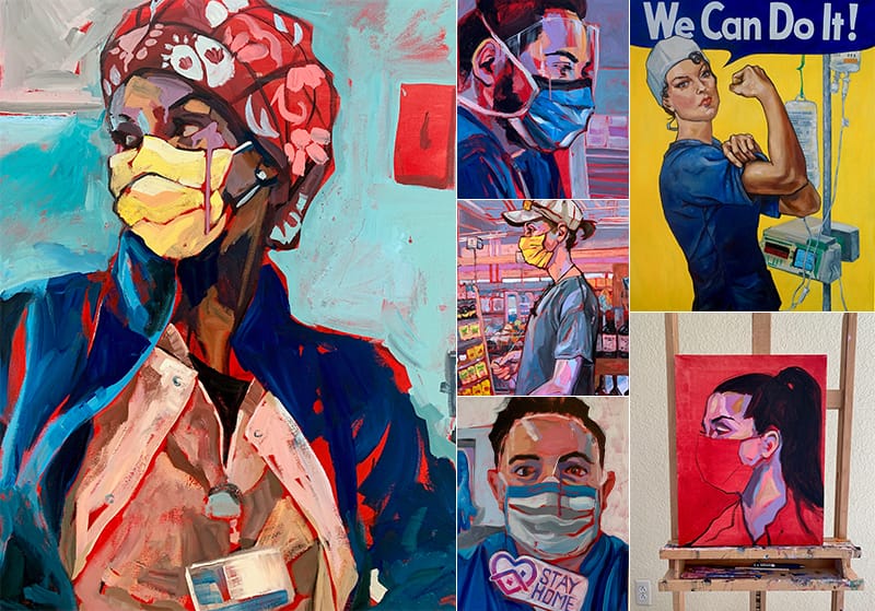 collage of collorful artwork showing people wearing face masks
