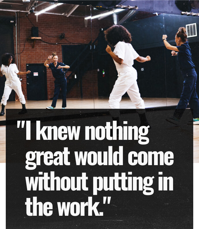 A quote saying 'I knew nothing great would come without putting in the work' with Kona and her mom dancing in a studio.